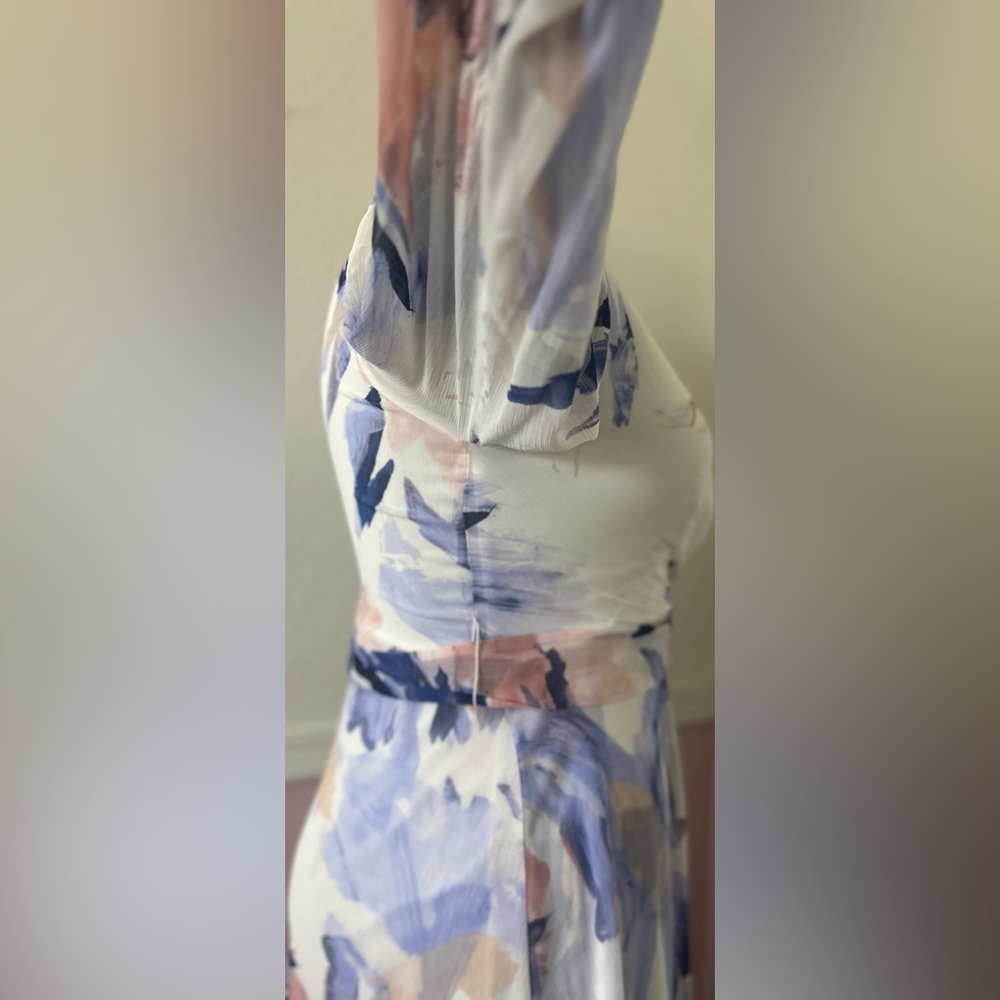 DKNY Blue and Pink Wrap Sundress with Bishop Sleeves - Picture 10 of 12